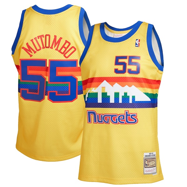 Men's Denver Nuggets #55 Dikembe Mutombo 1991-92 Yellow Mitchell & Ness Stitched Jersey Men's Denver Nuggets #55 Dikembe Mutombo 1991-92 Yellow Mitchell & Ness Stitched Jersey